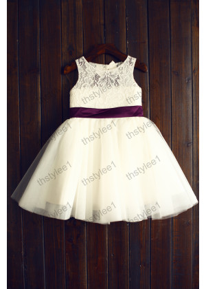 Ivory Lace Tulle Purple Sash Keyhole Back Flower Girl Dress